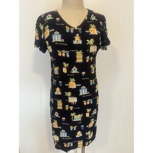 Talbots Dress Womens 12 Cottagecore Houses Palm Summer Print Short Sleeve USA